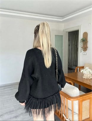 Siyah Premium Kalite Tül Detaylı Hırka