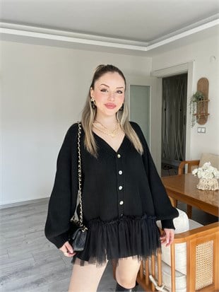Siyah Premium Kalite Tül Detaylı Hırka