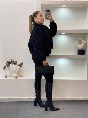 Siyah Premium Kalite Tüylü Kaşe Bomber Ceket