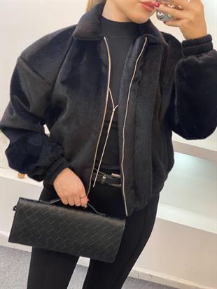 Siyah Premium Kalite Tüylü Kaşe Bomber Ceket