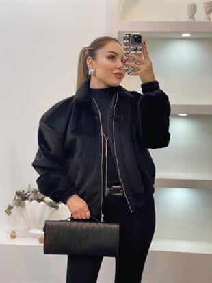 Siyah Premium Kalite Tüylü Kaşe Bomber Ceket