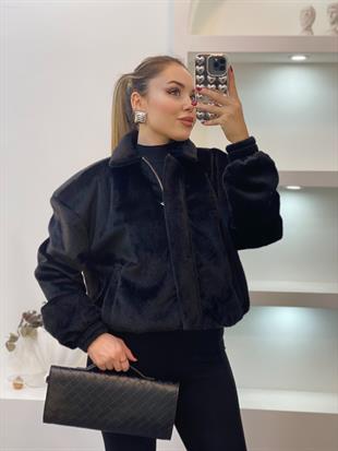 Siyah Premium Kalite Tüylü Kaşe Bomber Ceket