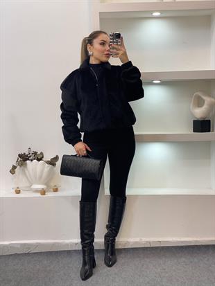 Siyah Premium Kalite Tüylü Kaşe Bomber Ceket