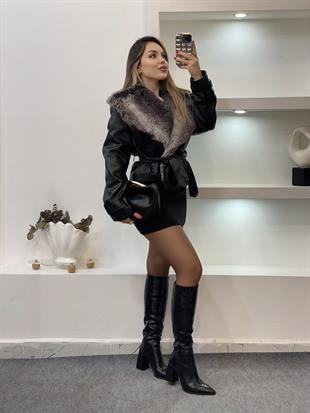 Siyah Premium Kürk Yaka Deri Ceket