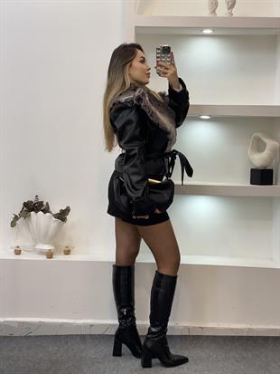 Siyah Premium Kürk Yaka Deri Ceket