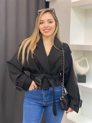 Siyah Premium Seri Kuşaklı Trenç