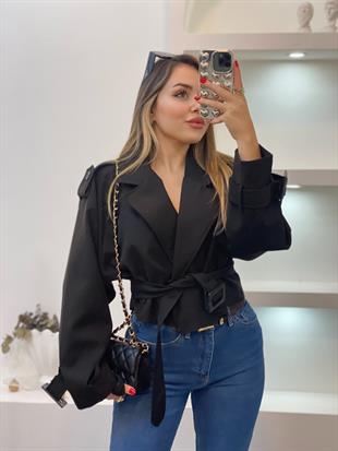 Siyah Premium Seri Kuşaklı Trenç