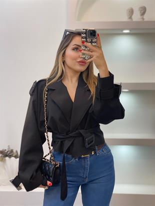 Siyah Premium Seri Kuşaklı Trenç