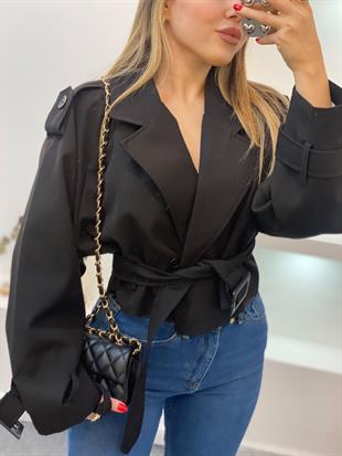 Siyah Premium Seri Kuşaklı Trenç