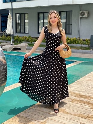 Siyah Puantiye Desenli Sırt Bağcıklı Model Elbise