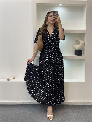 Siyah Puantiyeli Midi Boy Elbise
