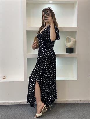 Siyah Puantiyeli Midi Boy Elbise