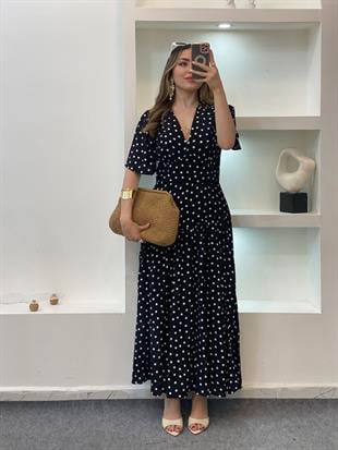 Siyah Puantiyeli Midi Boy Elbise