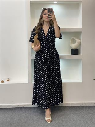 Siyah Puantiyeli Midi Boy Elbise