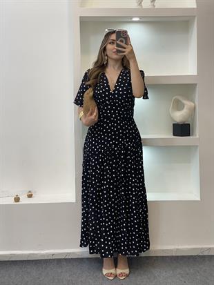 Siyah Puantiyeli Midi Boy Elbise