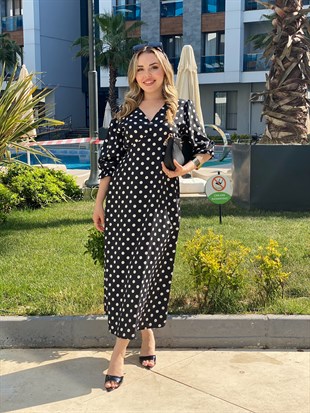 Siyah Puantiyeli Midi Boy İpek Saten Elbise