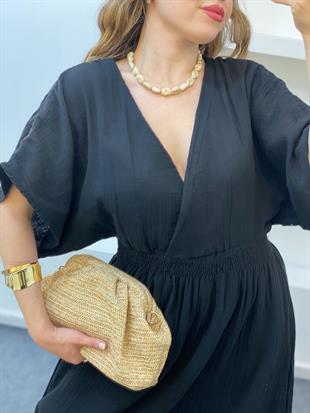 Siyah Rahat Kalıp Müslin Elbise