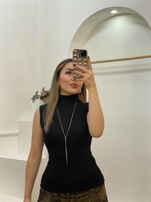Siyah Renk Boğazlı Modal Kumaş Kolsuz Basic Bluz