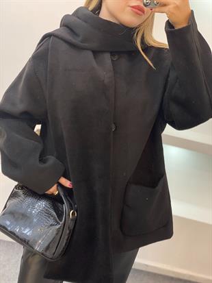 Siyah Renk Şal Detaylı Kaşe Ceket