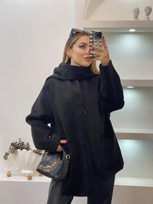 Siyah Renk Şal Detaylı Kaşe Ceket