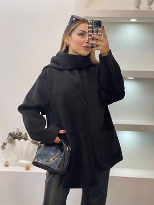 Siyah Renk Şal Detaylı Kaşe Ceket