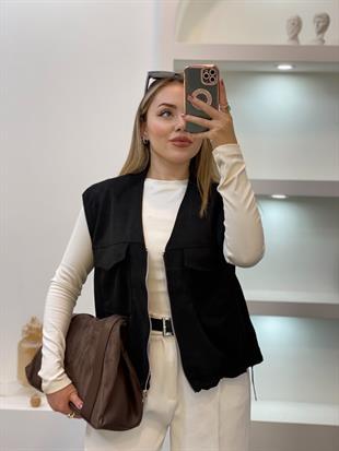 Siyah Renk Süet Önü Cepli Yelek