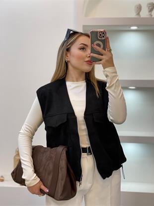 Siyah Renk Süet Önü Cepli Yelek