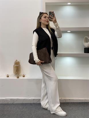 Siyah Renk Süet Önü Cepli Yelek