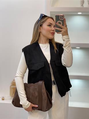 Siyah Renk Süet Önü Cepli Yelek