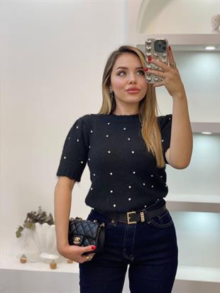 Siyah Renk Taş Detay Triko Kazak