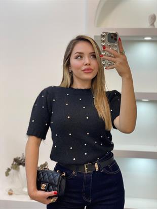 Siyah Renk Taş Detay Triko Kazak