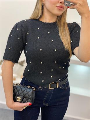 Siyah Renk Taş Detay Triko Kazak