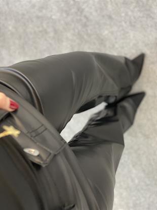 Siyah Şardonlu Palazzo Deri Pantolon 