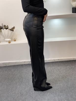 Siyah Şardonlu Palazzo Deri Pantolon 