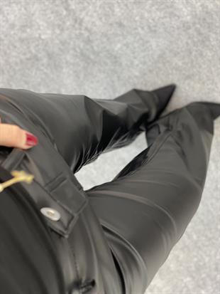 Siyah Şardonlu Palazzo Deri Pantolon 