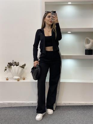 Siyah Şeritli Likralı Eşofman Takım