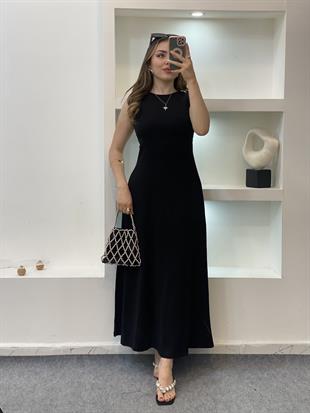 Siyah Sırt Capraz Dekolteli Likralı Elbise