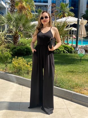 Siyah Sırt Çapraz Model Viskon Tulum