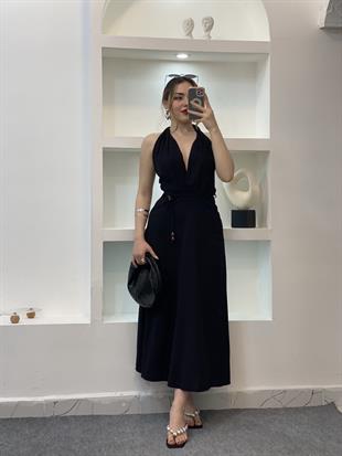 Siyah Sırt Dekolteli Boncuk İpli Elbise 