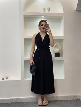 Siyah Sırt Dekolteli Boncuk İpli Elbise 