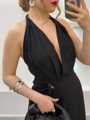 Siyah Sırt Dekolteli Boncuk İpli Elbise 