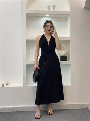 Siyah Sırt Dekolteli Boncuk İpli Elbise 