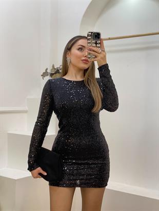 Siyah Sırt Dekolteli Parıltılı Payetli Elbise