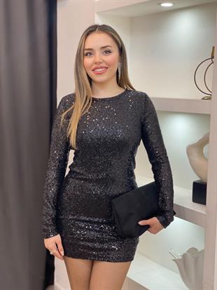 Siyah Sırt Dekolteli Parıltılı Payetli Elbise