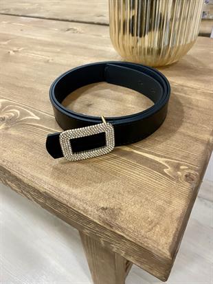 Siyah Taşlı Kare Tokalı Deri Kemer