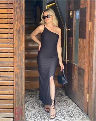 Siyah Tek Omuz Ottoman Kumaş Elbise