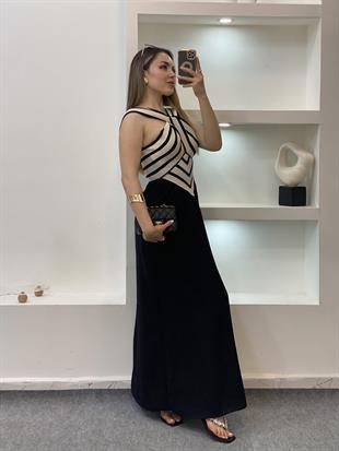 Siyah Triko Detaylı Geometrik Desenli Elbise
