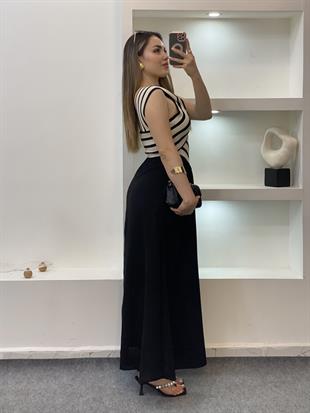 Siyah Triko Detaylı Geometrik Desenli Elbise