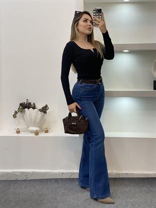 Siyah V Model Fitilli Basic Bluz