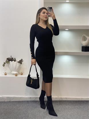 Siyah V Yaka Bilek Gold Düğmeli Triko Elbise